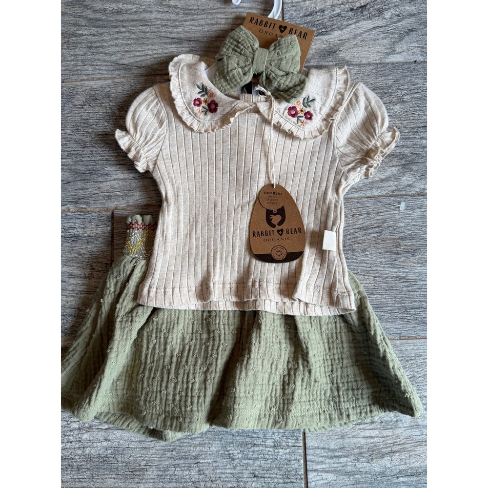 Rabbit + Bear Organic Cotton Skirt Set 12M 12 Months Embroidered Baby Girls NWT